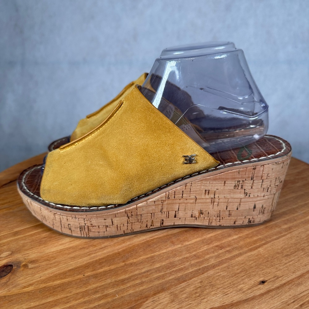 Sam Edelman Ranger Wedge Sandals Womens 9 Yellow Good Suede Cork Platform Mules - Picture 9 of 15